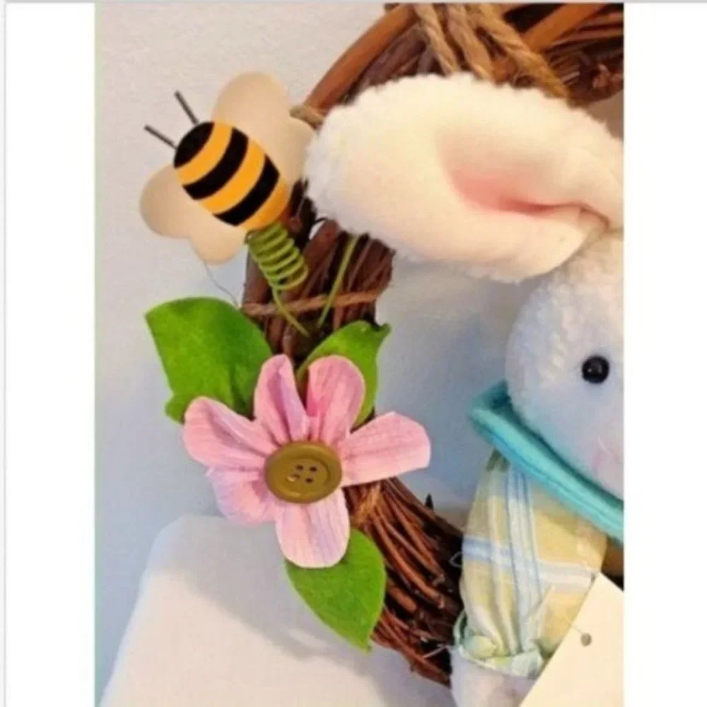 Easter Wreath GRAPEVINE with Stuffed Bunny Ladybug Flowers Wood Sign New